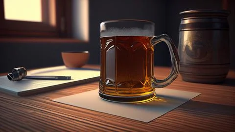 A mug of beer on the table in a dark room. Stock Illustration