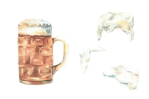 Mug of beer with various forms of beer foam. Foamy Pint of ale. Watercolor hand Stock Illustration