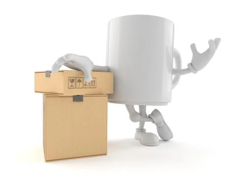 Mug character with stack of boxes Stock Illustration