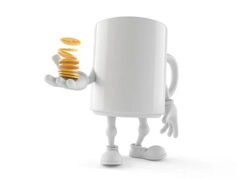 Mug character with stack of coins Stock Illustration