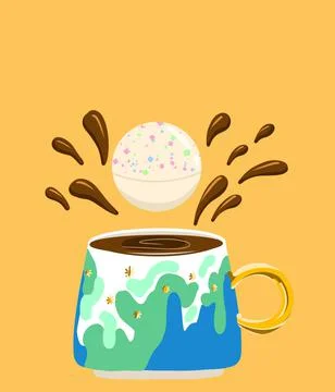 Mug with cocoa and chocolate splashes. hot chocolate bomb. Stock Illustration