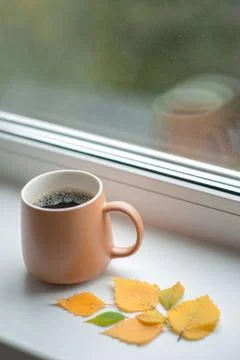 Mug with coffee on the windowsill Stock Photos
