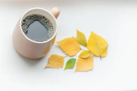 A mug with coffee is on the windowsill Stock Photos