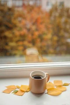 A mug with coffee is on the windowsill Stock Photos