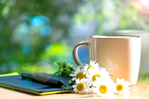 Mug, daisies, graphics tablet. The concept of am designer. A Sunny summer mor Stock Photos