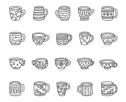 Mug drinkware set in outline line art Stock Illustration