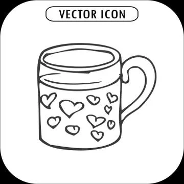 Mug with hearts, hand drawing, vector icon Stock Illustration