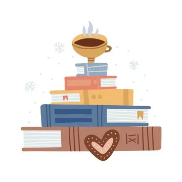 A mug of hot beverage on a stack of books in the shape of a christmas tree 스톡 일러스트