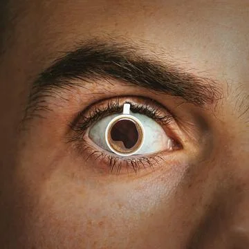 A mug of hot coffee is inserted into the man's pupil. Concept of caffeine effect Foto stock