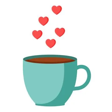 Mug of hot coffee or tea with red hearts floating up, symbolizing love, warmth Stock-Illustration