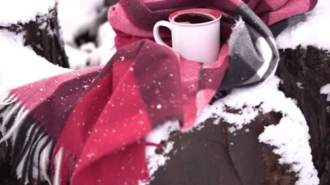 A mug of hot coffee, wrapped in a warm checkered scarf, on snow-covered log.. Stock Footage 226833288