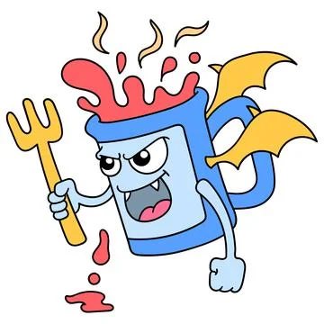 Mug of a hot drink with a face full of anger burning like a devil. doodle ico Stock Illustration