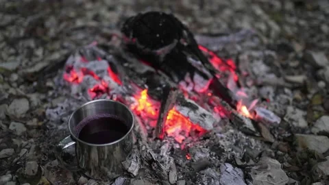 A mug with a hot drink is heated into a fire in a camp. Cozy rest, dusk Stock Footage 164528824