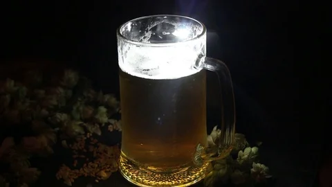 Mug of light beer on a black background. hops and malt on a dark background. Video stock 119275889