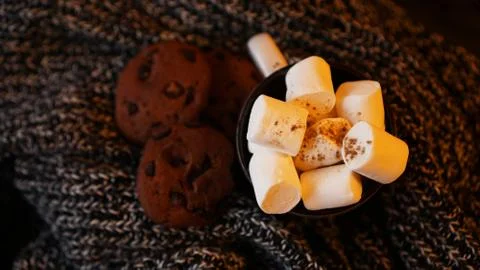Mug with marshmallows and chocolate chip cookies on dark Christmas background Stock-Fotos