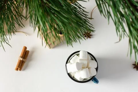 Mug with marshmallows close up, top view Stock Photos