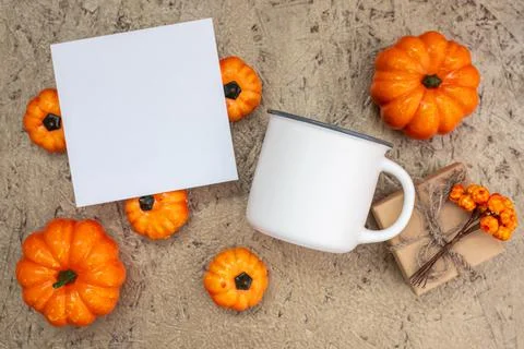 Mug mockup and pumpkins flat lay on wooden Stock Photos