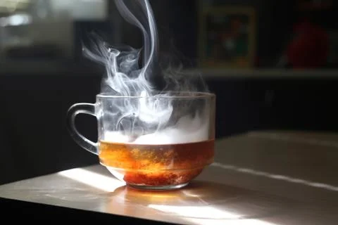 Mug with smoke on a table Stock Photos