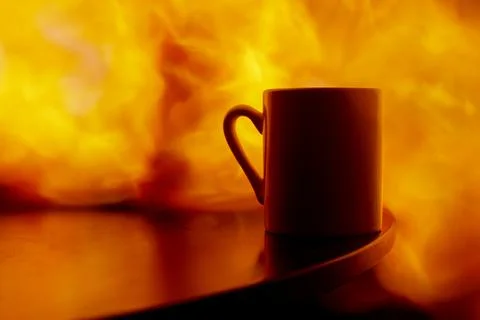 A mug on the table engulfed in flames, a fire in the house. concept Stock Photos