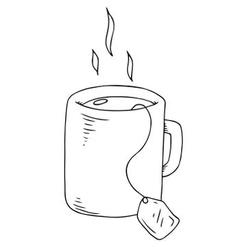 Mug with tea icon. Vector illustration of a mug with a tea bag. Hand drawn ho Stock Illustration
