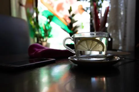 Mug of tea on the table in the cafe Stock Photos