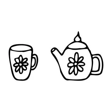 Mug Teapot Chamomile .Doodle Style Stock Illustration