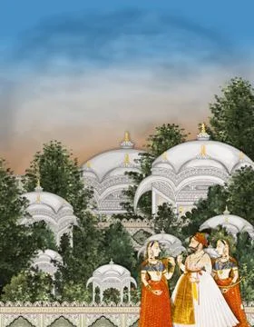 Mughal arch eith mughal king and queens manually illustrated artwork Stock Illustration