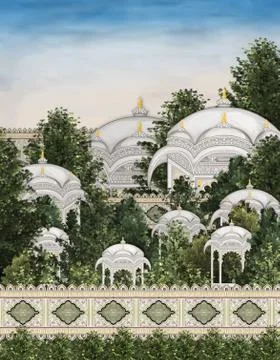 Mughal arch eith mughal king and queens manually illustrated artwork Illustrazione stock