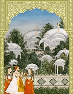 Mughal arch eith mughal king and queens manually illustrated artwork Stock Illustration