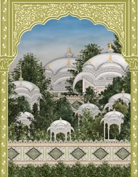 Mughal arch eith mughal king and queens manually illustrated artwork Illustrazione stock