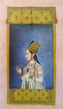  Mughal portrait of a Princess seen at a window holding a jewel. She faces... Stock Photos
