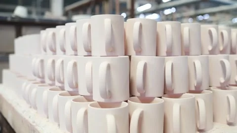 Mugs are stacked precisely in a large warehouse Stock Footage 327421993