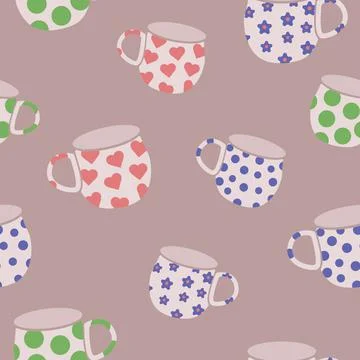 Mugs seamless pattern. Mugs decorated with polka dots, flowers and hearts. Stock Illustration