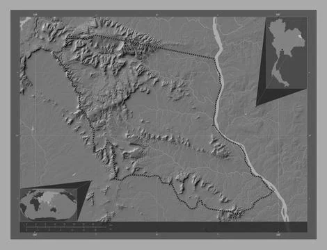 Mukdahan, Thailand. Bilevel elevation map with lakes and rivers Illustrazione stock