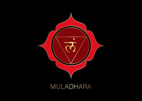 Muladhara chakra logo template. First root chakra symbol. Red Gold sacral sign Ilustración de archivo