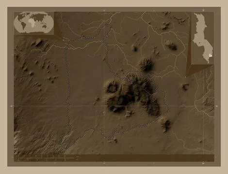 Mulanje, Malawi. Elevation map colored in sepia tones with lakes and rivers Stock Illustration