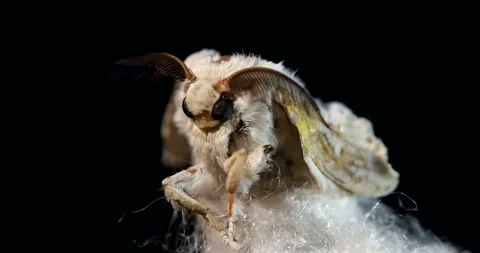 Mulberry silk moth - Bombyx emerging from its cocoon Stock Footage 294291809