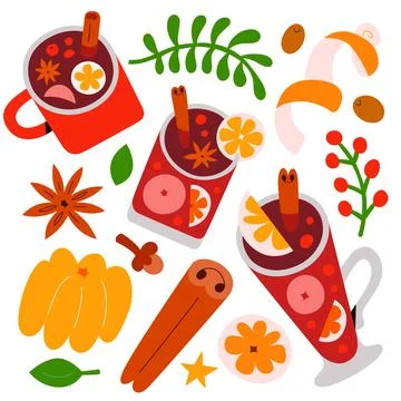 Mulled wine and punch drinks in various glasses. Hot red wine drinks with spices Stock Illustration