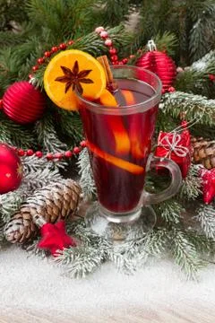 Mulled wine with christmas tree Stock Photos