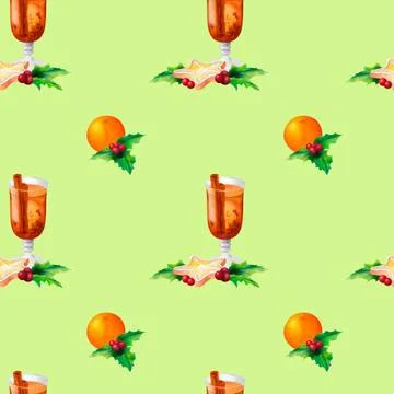 Mulled wine, cookies, oranges, and holly leaves on a soft light green backgro Stock Illustration