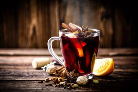 Mulled wine, hot warming drink with spices Stock Photos
