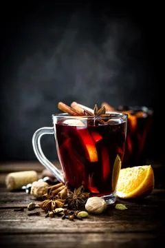 Mulled wine, hot warming drink with spices Stock Photos