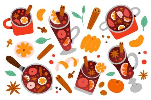Mulled wine illustrations, red wine with fruit and spice, cinnamon, anis star Stock Illustration