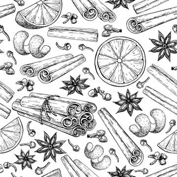 Mulled wine ingradients seamless pattern. Cinnamon stick tied bunch, anise star Stock Illustration