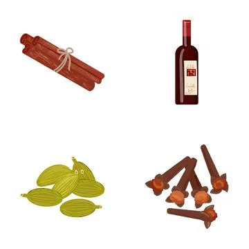 Mulled wine ingredients set with spices and bottle Stock Illustration