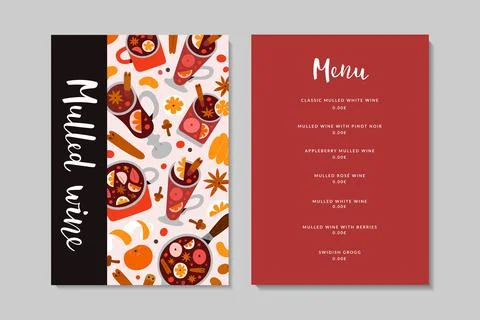 Mulled wine menu card template with price, hot spiced seasonal alcohol drinks Stock Illustration