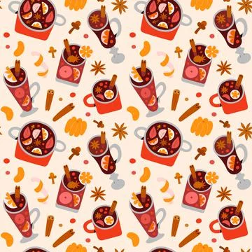 Mulled wine pattern, christmas festive drinks in glasses and mugs decorated with Stock Illustration