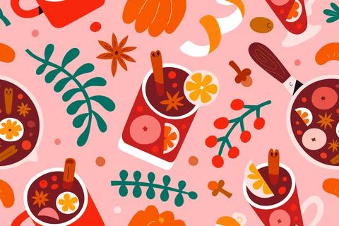 Mulled wine pattern, hot red wine festive drinks with cinnamon spice and ornage Stock Illustration