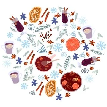 Mulled wine pot, spices, pine tree twigs in circle Stock Illustration
