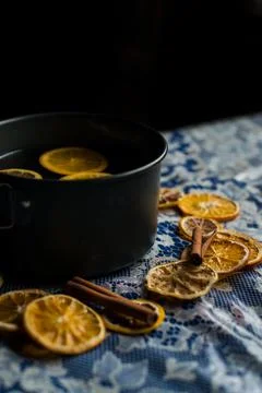 Mulled wine in a saucepan is on the table Stock Photos